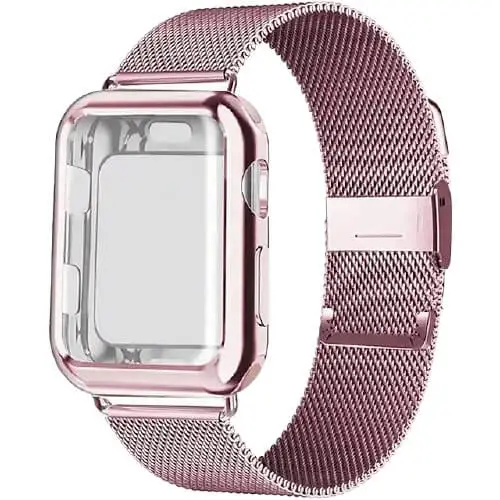 רצועת מתכת כולל מגן מסך לשעוני Apple במידה 49 מ"מ בצבע ורוד