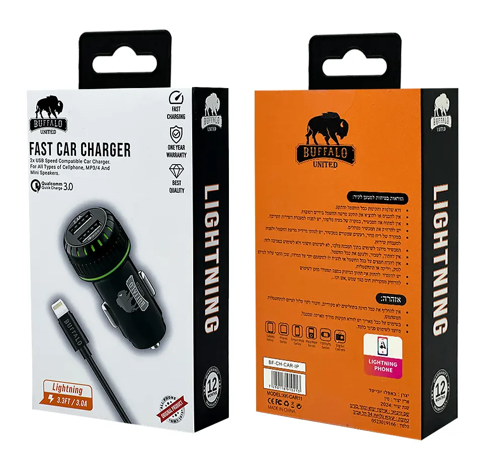 מטען רכב 3A עם כבל USB Lightning מבית באפאלו
