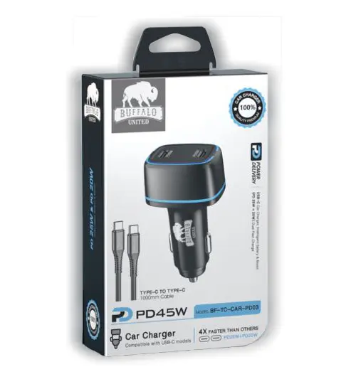 מטען רכב מהיר 45W עם 2 יציאות וכבל USB-C ל-USB-C
