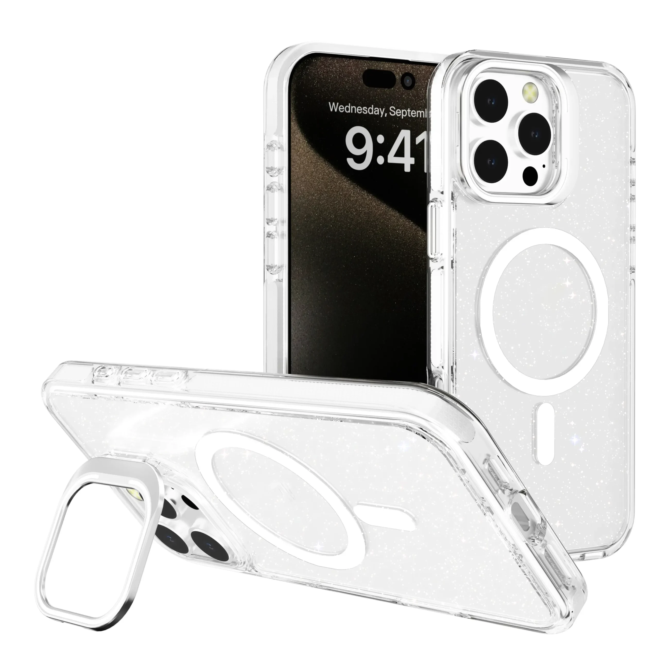כיסוי נצנץ יוקרתי עם סטנד חלון ותמיכה ב- MagSafe ל- iPhone 12/12 Pro בצבע שקוף