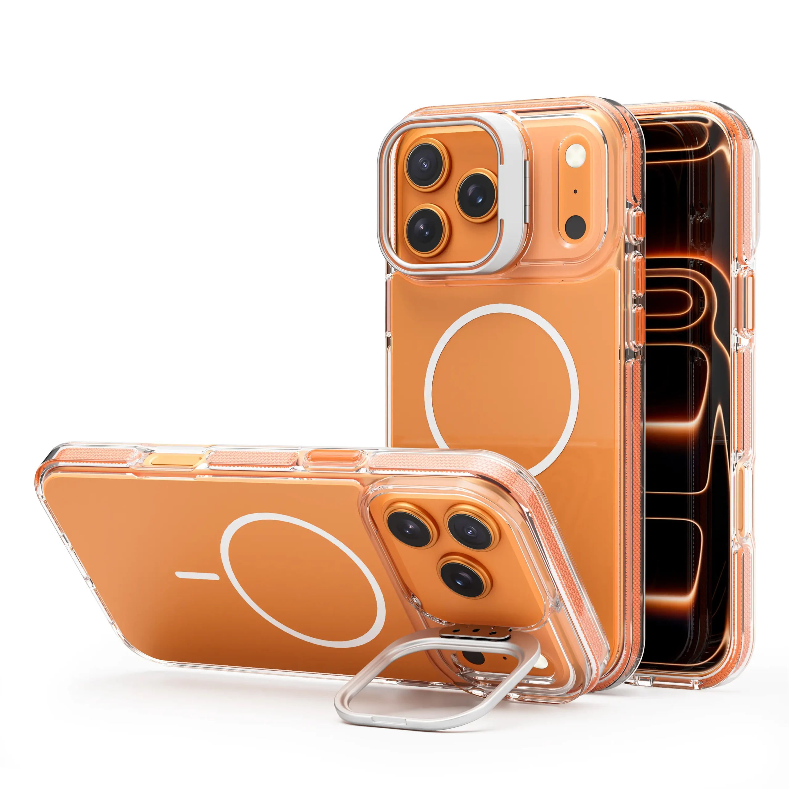כיסוי שקוף קשיח במיוחד עם תמיכה ב-MagSafe Window ל- iPhone 15 Pro Max בצבע כתום