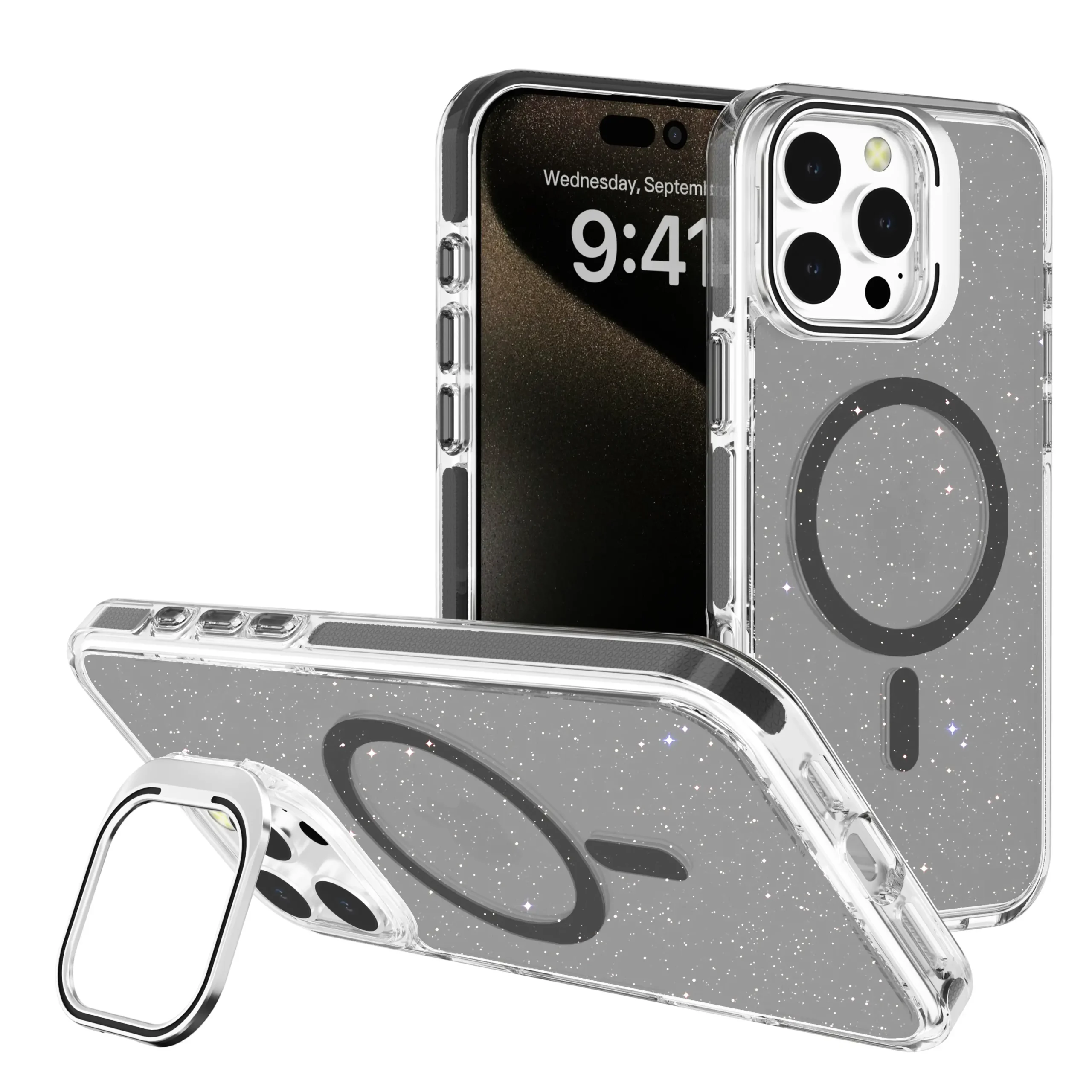 כיסוי נצנץ יוקרתי עם סטנד חלון ותמיכה ב- MagSafe ל- iPhone 17 Pro Max בצבע שחור