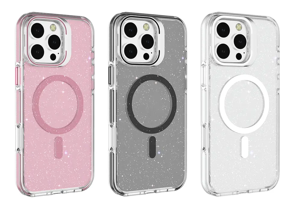 כיסוי נצנץ יוקרתי עם סטנד חלון ותמיכה ב- MagSafe ל- iPhone 17 Pro Max בצבע כתום