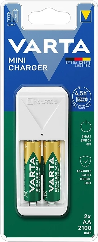 מטען סוללות נטענות דגם Varta Mini Charger עם זוג סוללות נטענות AA