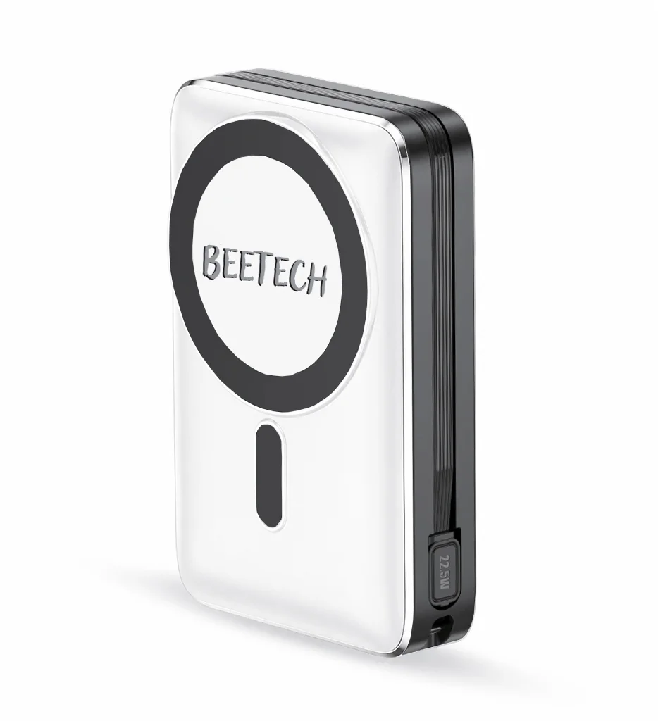 מטען נייד מהיר עם טעינה אלחוטית דגם BT-386 מבית BeeTech בצבע לבן