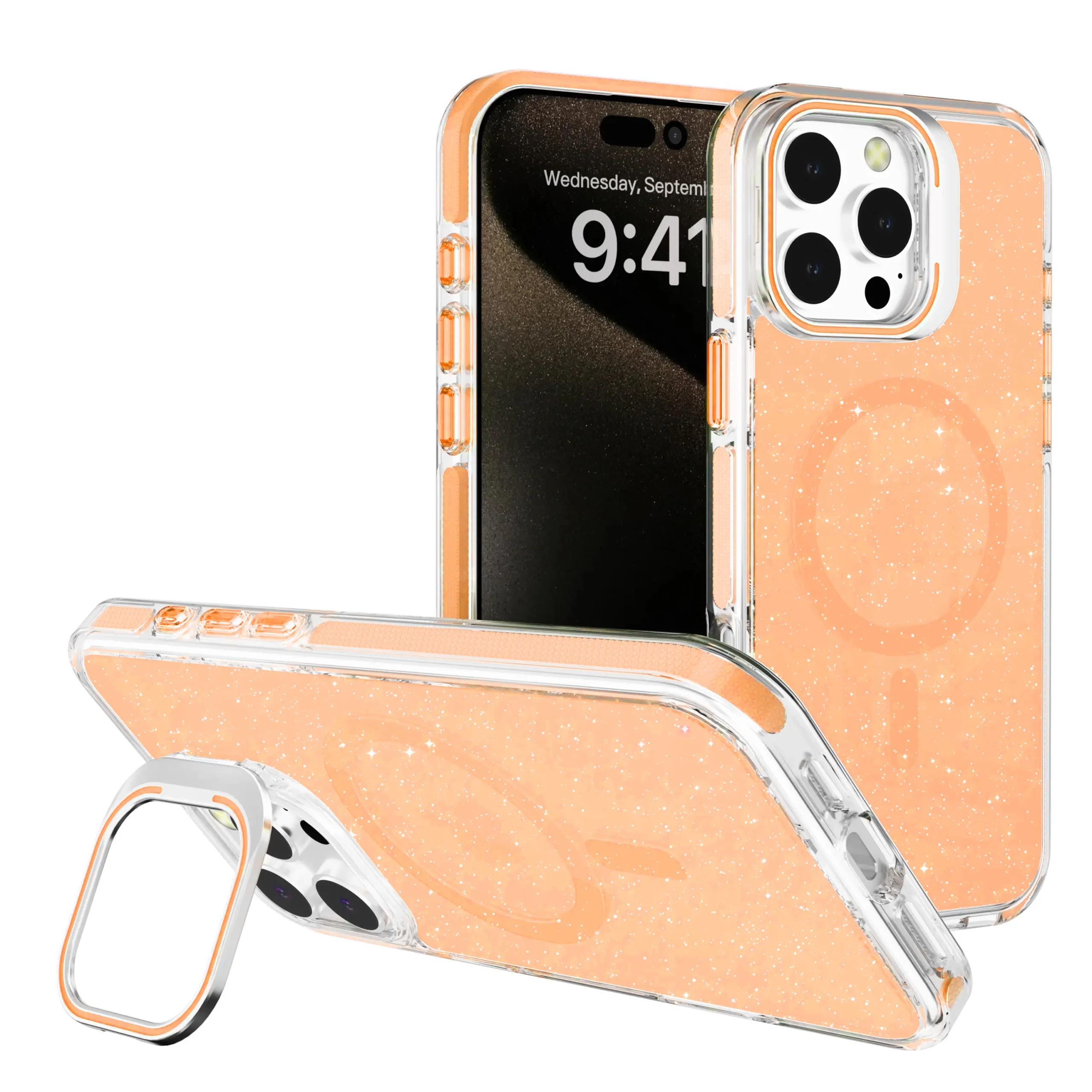 כיסוי נצנץ יוקרתי עם סטנד חלון ותמיכה ב- MagSafe ל- iPhone 15 Pro Max בצבע כתום